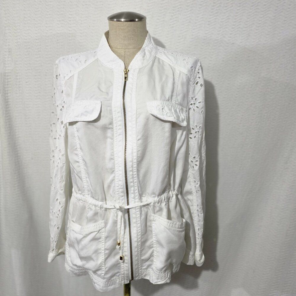 Chico's Easy Eyelet Utiliy White Boho Light Jacket Drawstring Waistband 2
